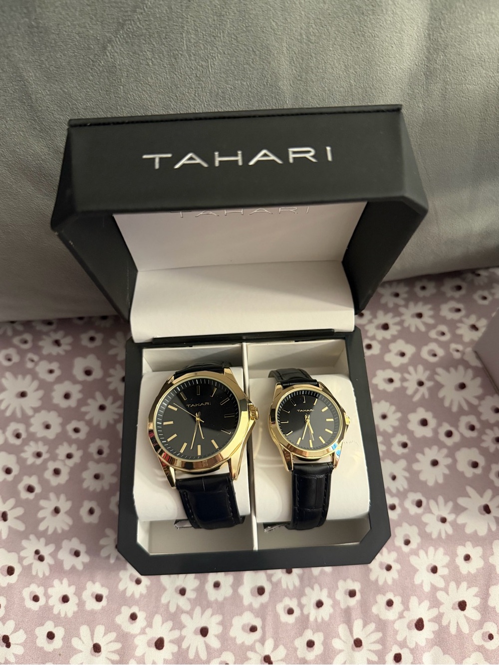 Tahari Men's & Women's Watch Set Black Leather & Gold His & Hers Watches New